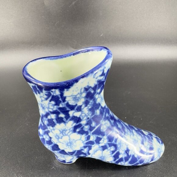 Vintage Victorian Era Inspired Ceramic Boot Shoe Planter Small Vase Floral Blue - Picture 9 of 13